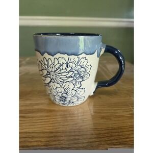 La Rochelle Artisan French Art Deco Mug Blue Drip Glaze Floral 16oz Coffee Cup